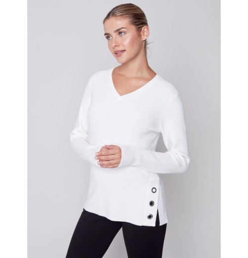 V-Neck Sweater with Grommet Detail - Cream V-Neck Sweater with Grommet Detail - Cream