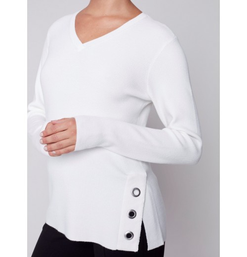 V-Neck Sweater with Grommet Detail - Cream V-Neck Sweater with Grommet Detail - Cream