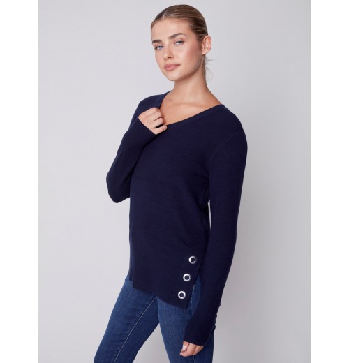 V-Neck Sweater with Grommet Detail - Navy V-Neck Sweater with Grommet Detail - Navy
