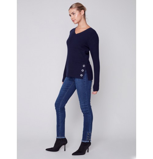 V-Neck Sweater with Grommet Detail - Navy V-Neck Sweater with Grommet Detail - Navy