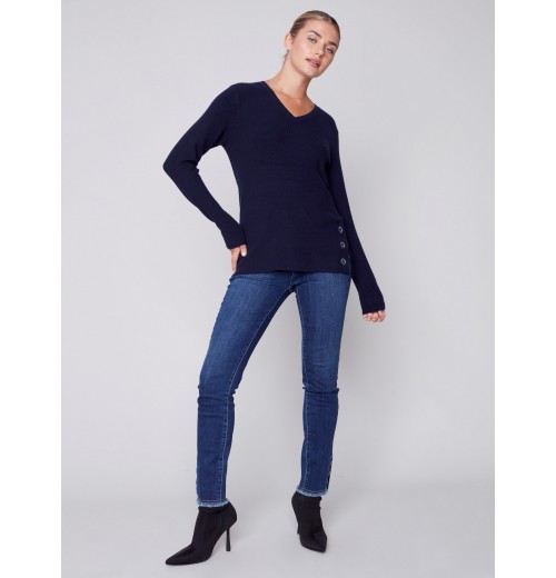 V-Neck Sweater with Grommet Detail - Navy V-Neck Sweater with Grommet Detail - Navy