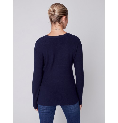 V-Neck Sweater with Grommet Detail - Navy V-Neck Sweater with Grommet Detail - Navy