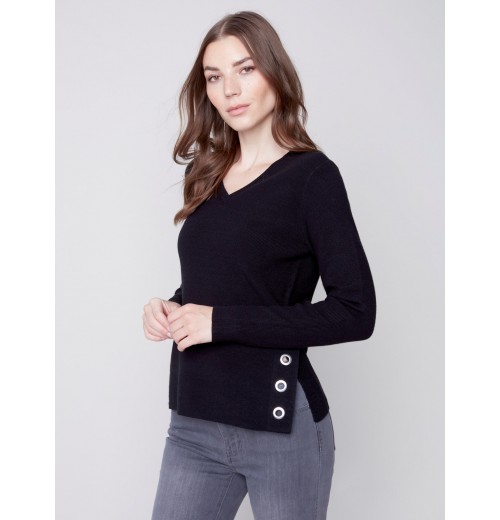 V-Neck Sweater with Grommet Detail - Black V-Neck Sweater with Grommet Detail - Black