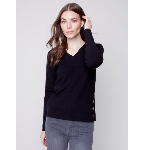V-Neck Sweater with Grommet Detail - Black V-Neck Sweater with Grommet Detail - Black