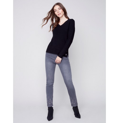V-Neck Sweater with Grommet Detail - Black V-Neck Sweater with Grommet Detail - Black