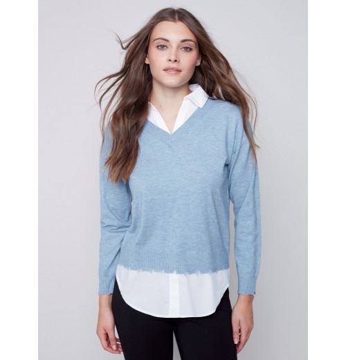 V-Neck Sweater with Shirt Collar - Snowflake V-Neck Sweater with Shirt Collar - Snowflake