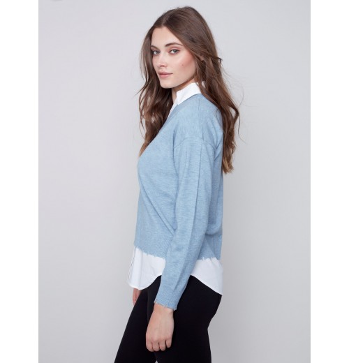 V-Neck Sweater with Shirt Collar - Snowflake V-Neck Sweater with Shirt Collar - Snowflake