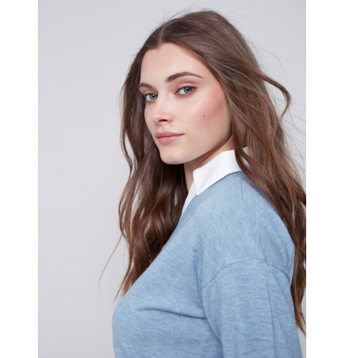 V-Neck Sweater with Shirt Collar - Snowflake V-Neck Sweater with Shirt Collar - Snowflake