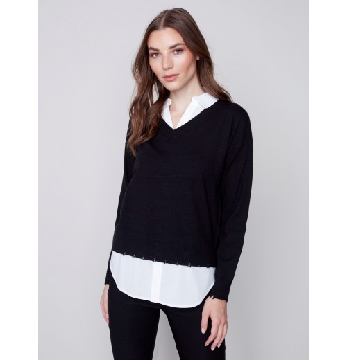 V-Neck Sweater with Shirt Collar - Black V-Neck Sweater with Shirt Collar - Black
