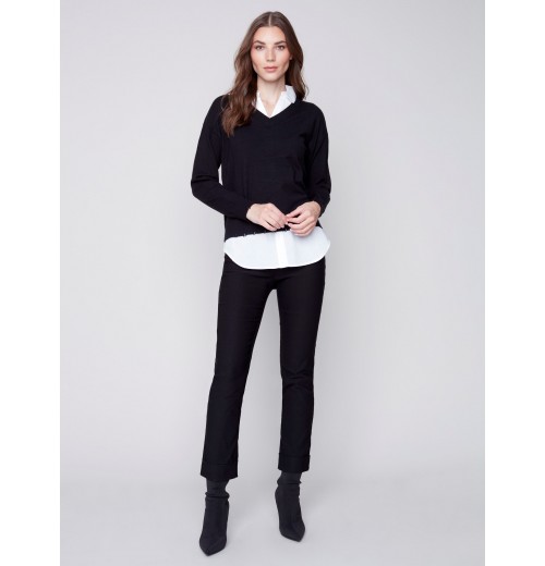 V-Neck Sweater with Shirt Collar - Black V-Neck Sweater with Shirt Collar - Black