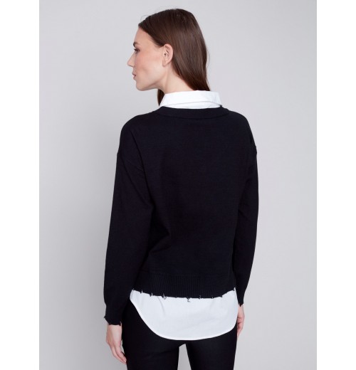 V-Neck Sweater with Shirt Collar - Black V-Neck Sweater with Shirt Collar - Black
