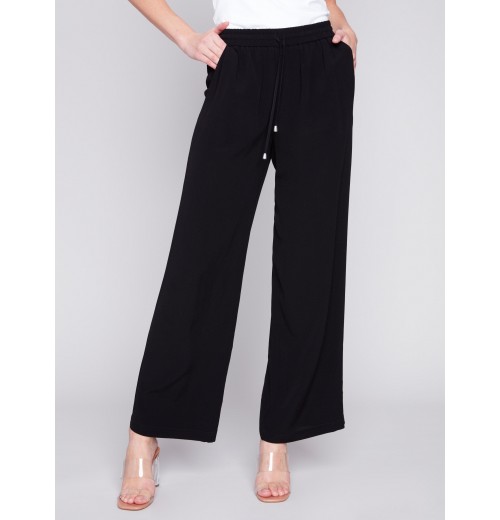 Wide Leg Pants with Drawstring - Black Wide Leg Pants with Drawstring - Black